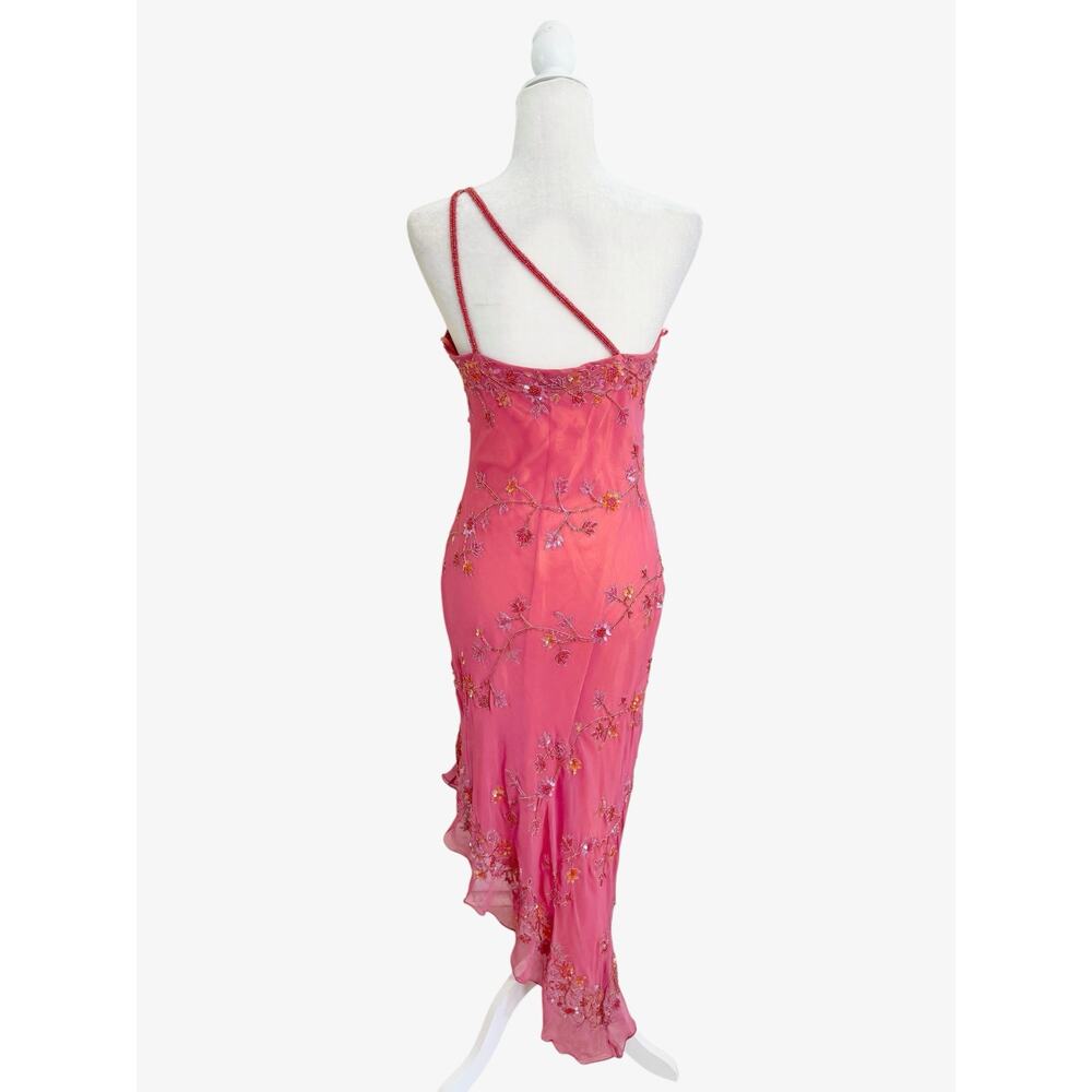 Y2K Scala Beaded Asymmetrical One Shoulder Silk Dress Sz Large Pink Party Glam - Picture 5 of 13